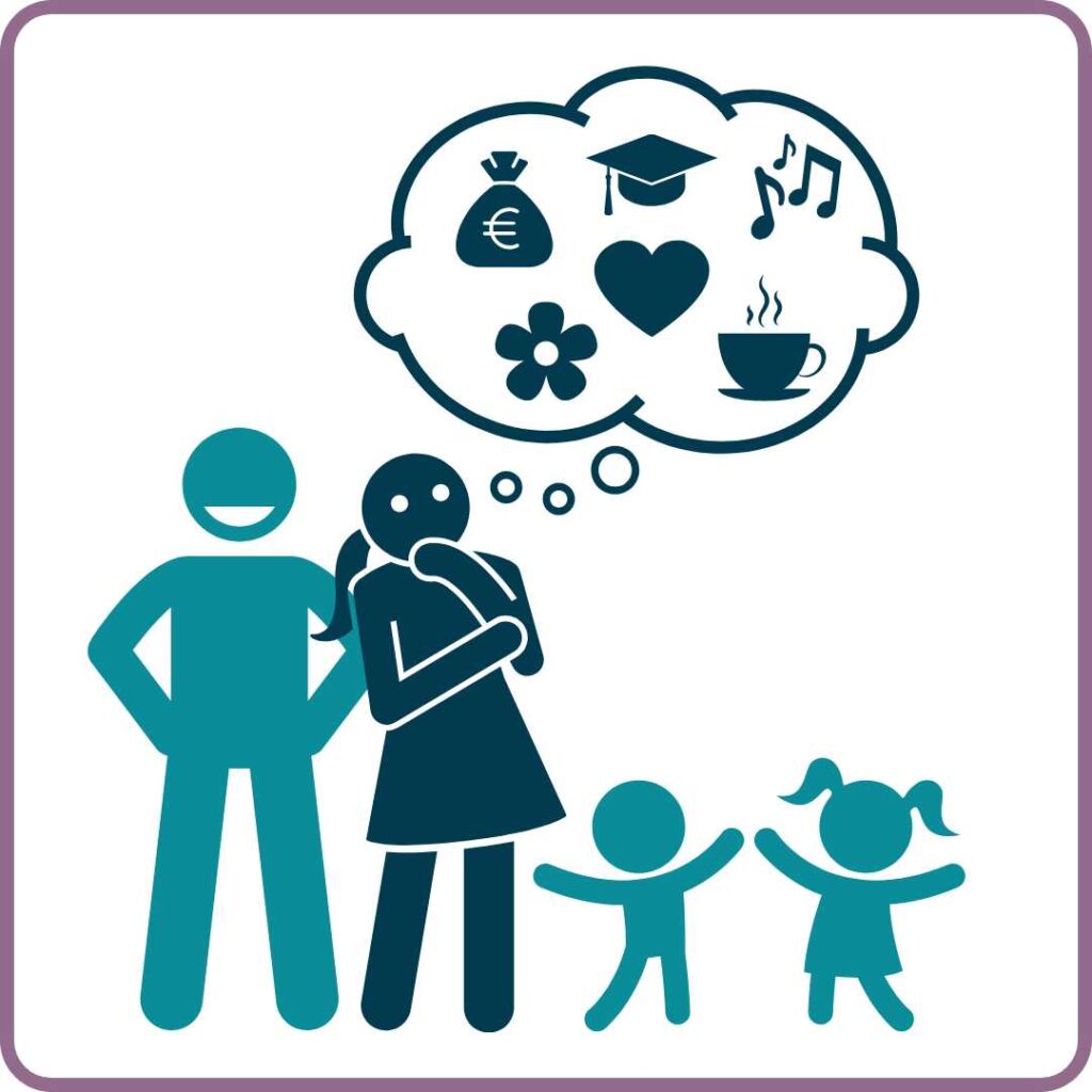 Eine Frau, im Kreise ihrer Familie, denkt darüber nach was ihr wirklich wichtig ist.