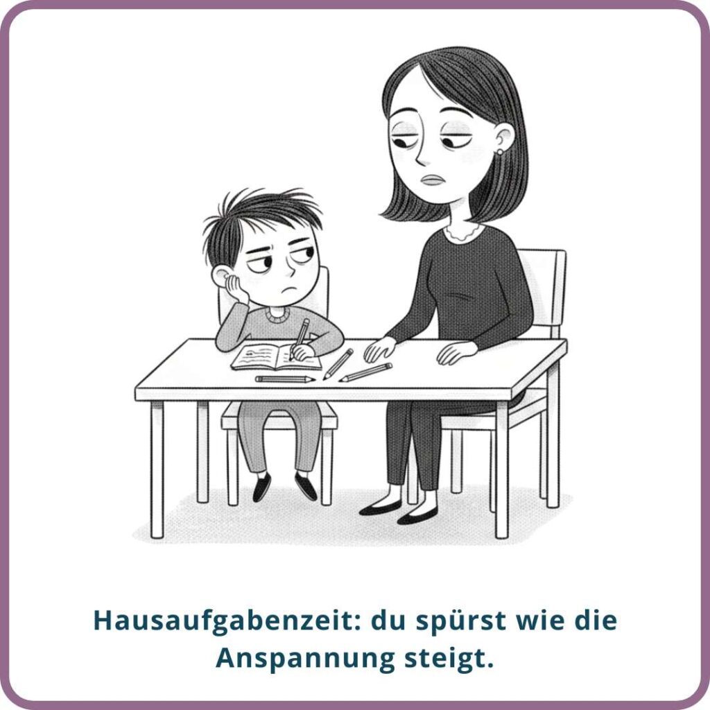 Hausaufgabenzeit: Mutter und Kind sitzen am Tisch und die Anspannung steigt.