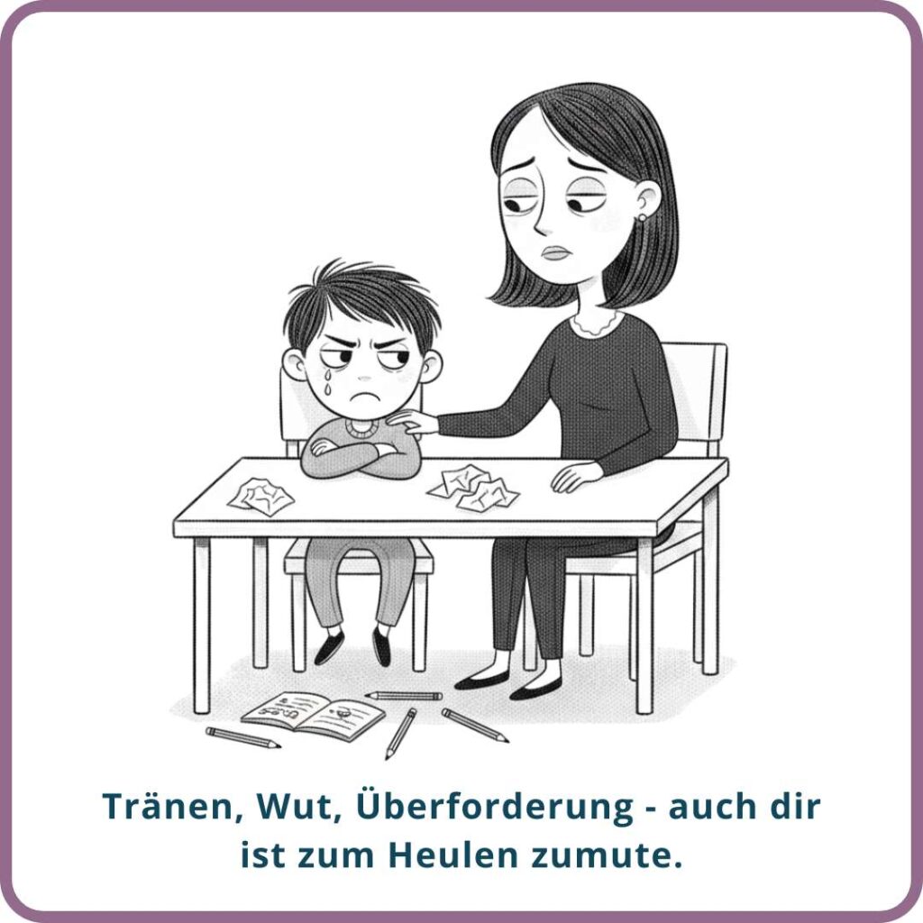 Mutter und Kind sitzen am Tisch bei den Hausaufgaben, Heft und Stifte liegen am Boden. Das Kind weint und ist wütend. Auch der Mutter ist zum Heulen zumute.