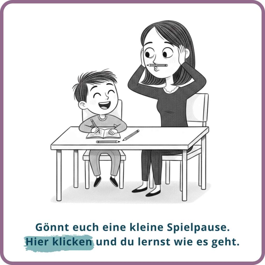 Mutter und Kind sitzen am Tisch, Mutter hat sich einen Stift-Schnurbart zwischen Mund und Nase geklemmt und bringt so ihr Kind zum Lachen.