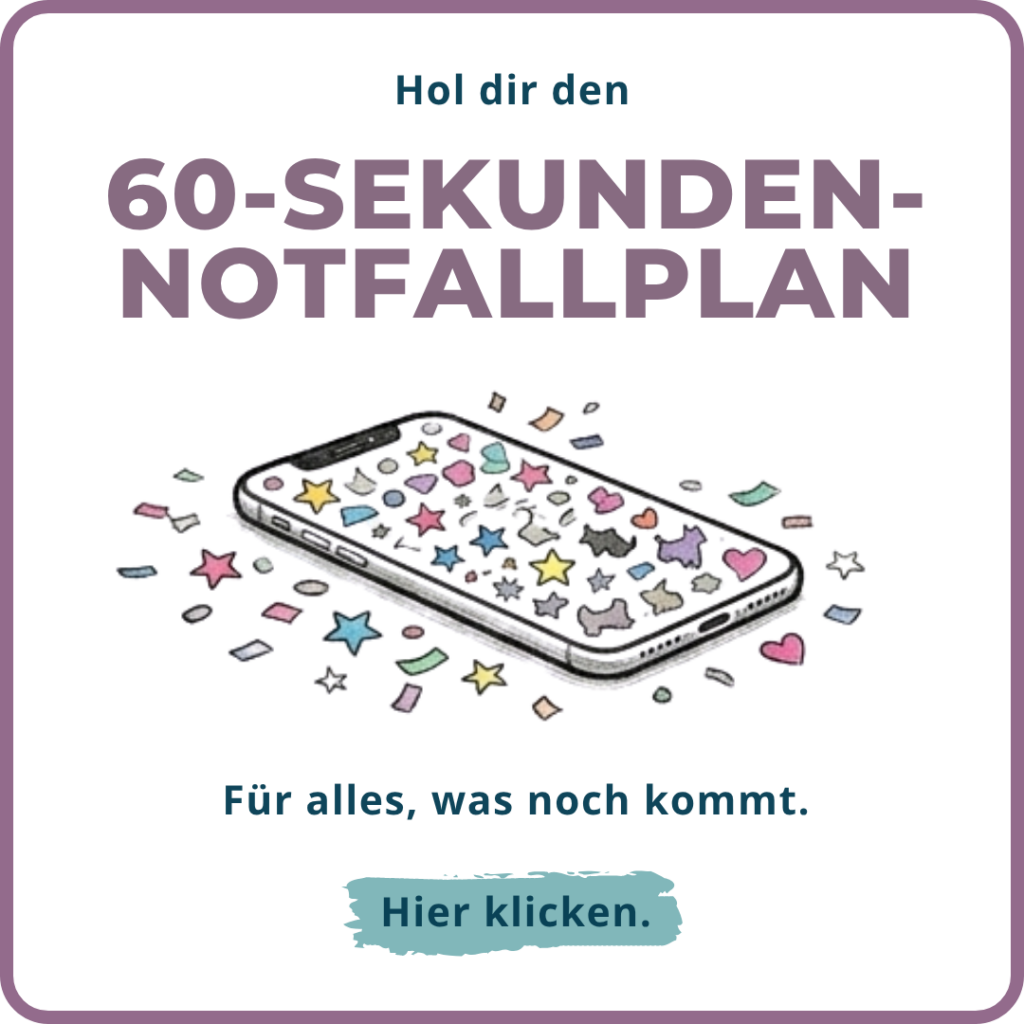 Ein Handy, das mit Papierschnipseln dekoriert wurde. Aufschrift: Hol dir den 60-Sekunden-Notfallplan. Für alles, was noch kommt.