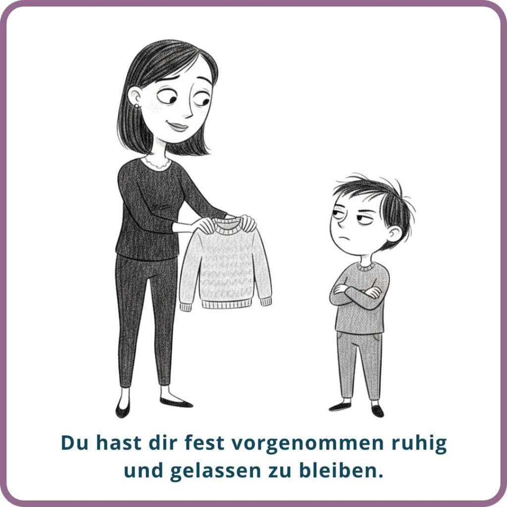 Eine Mutter hält ihrem Kind einen Pulli hin, aber das Kind möchte ihn nicht anziehen.