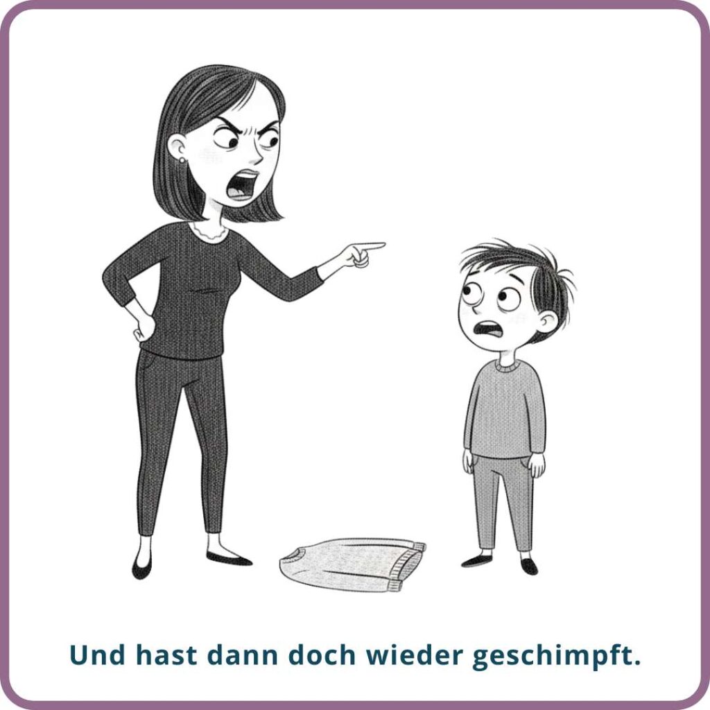 Mutter schreit das Kind an, das Kind blickt erschrocken.