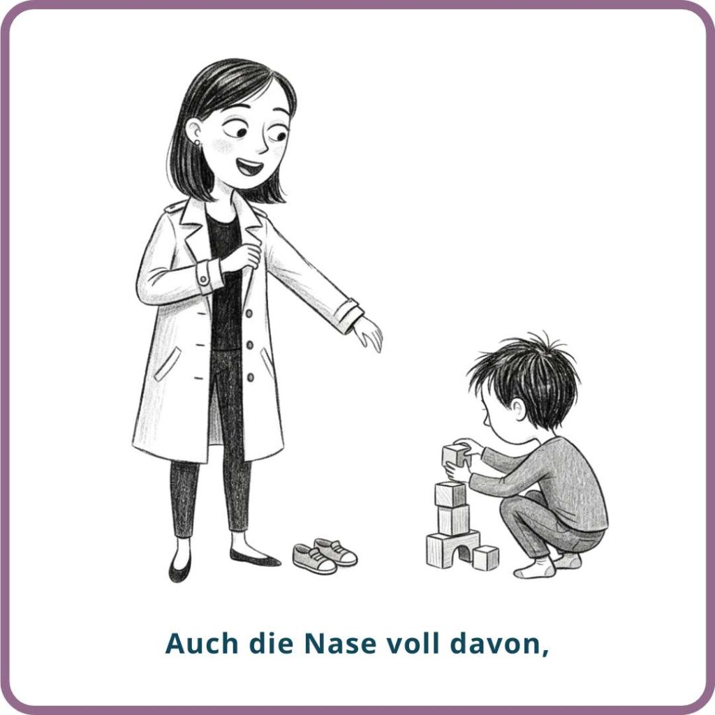 Mutter fordert ihr Kind auf die Schuhe anzuziehen.