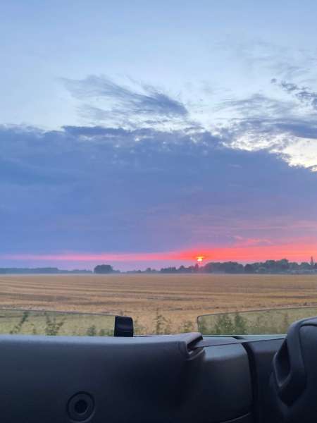 Sonnenuntergang über einen Stoppelfeld. Nebel steigt aus dem Feld hoch.